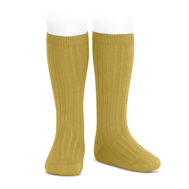 Chaussettes hautes maille côtelée coloris moutarde
