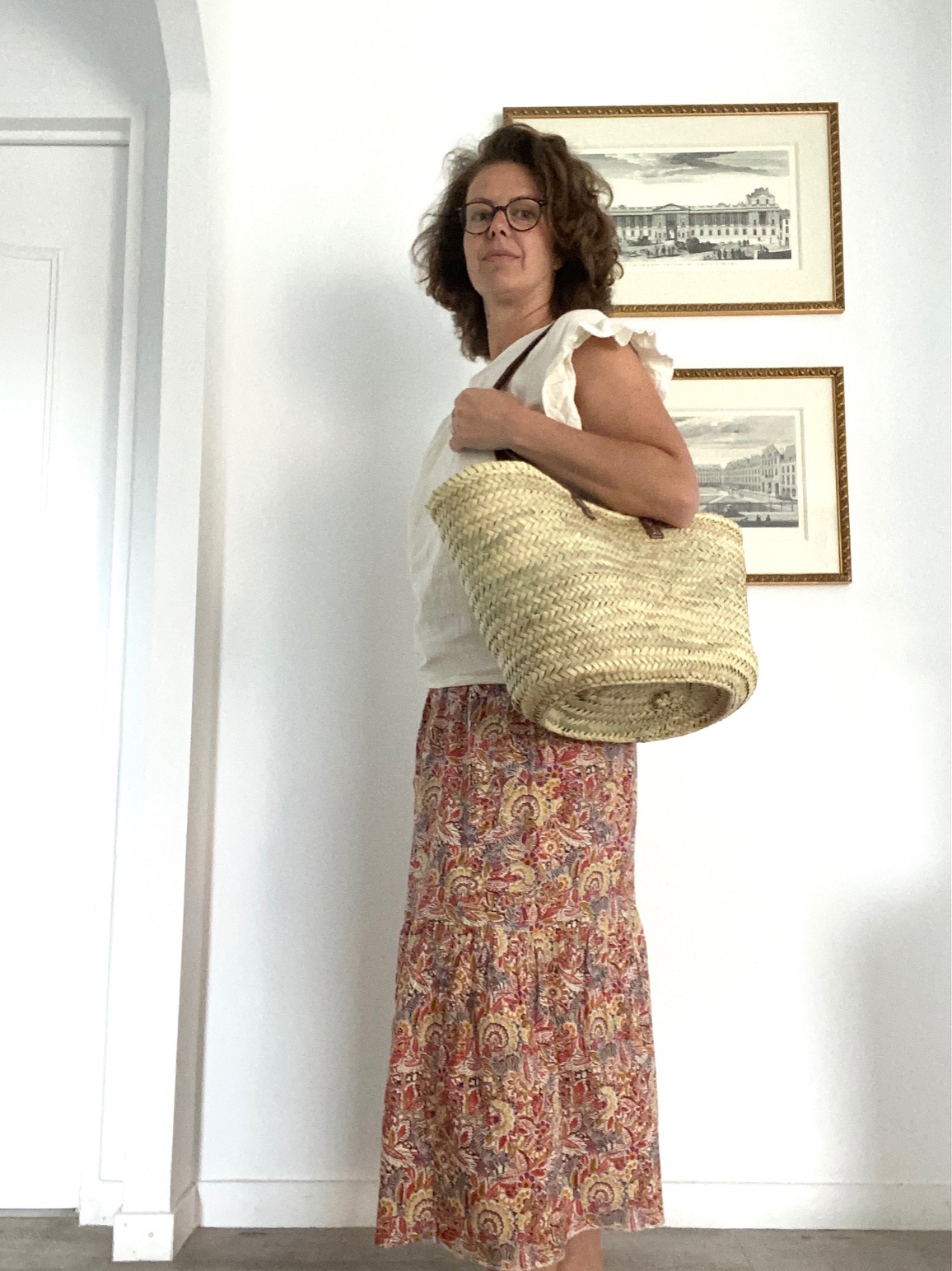 Grand panier rigide de rangement en palmier avec anses cuir