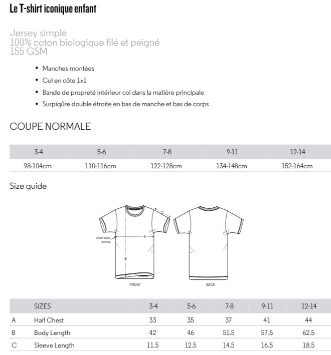 teeshirt enfant emeraude coast size spec