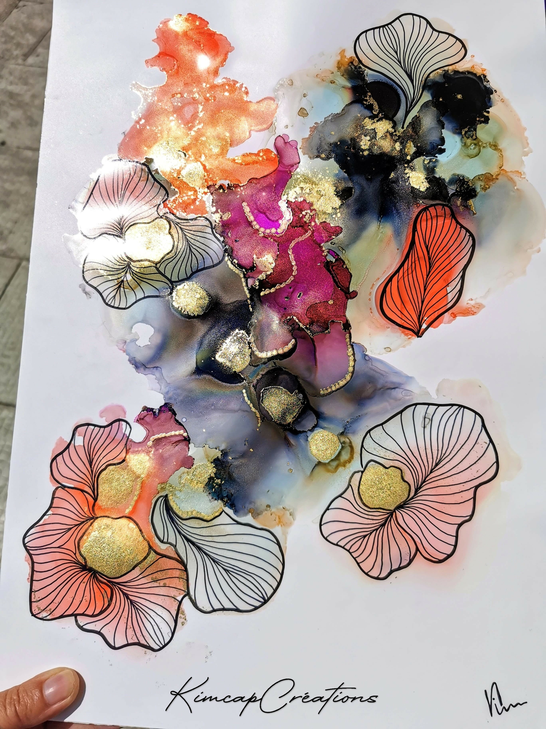 dessin encres à alcool fleurs abstraites pour décoration dintérieur DEY001_28€
