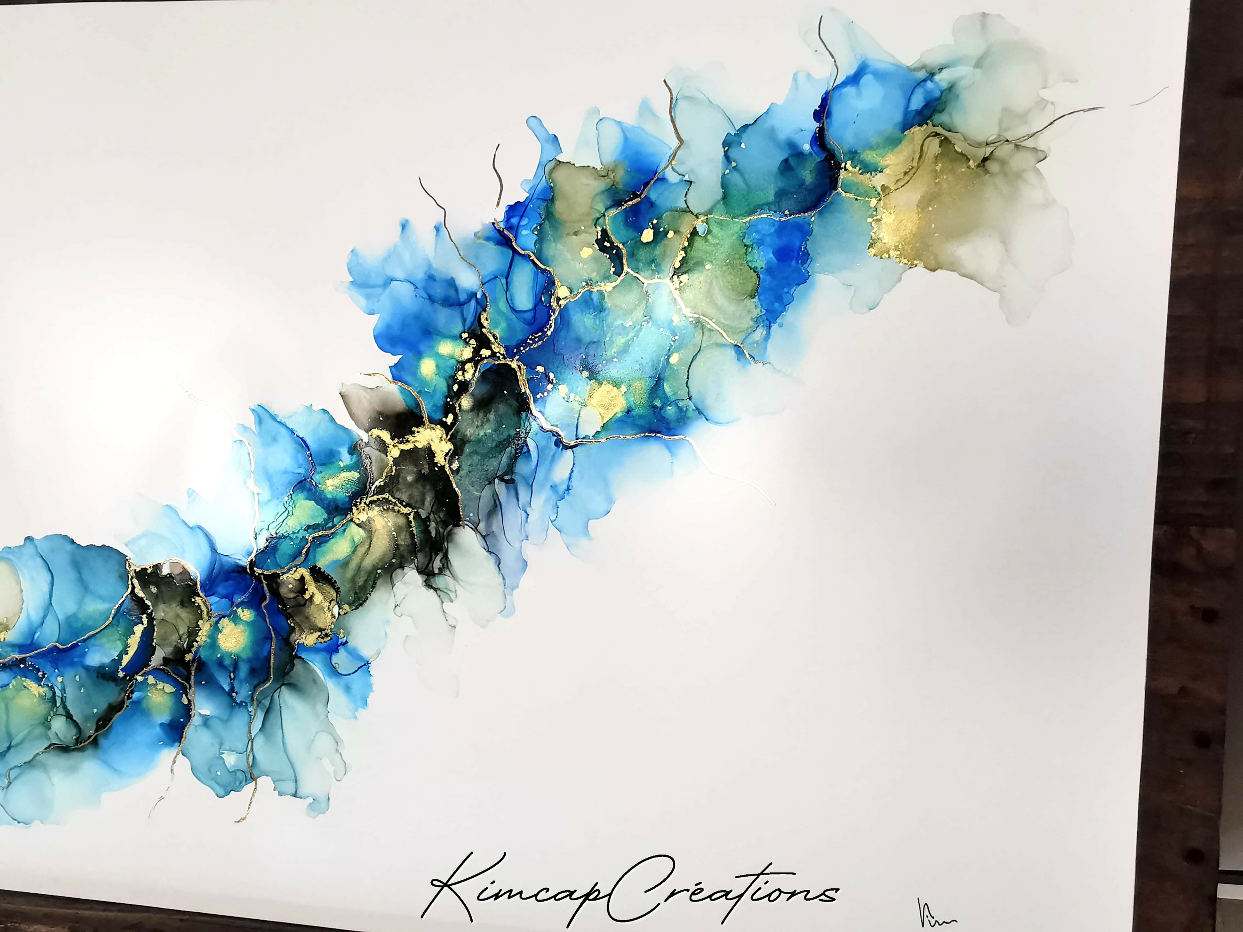 dessin abstrait moderne encres à alcool bleu, noir et or pour décoration dintérieur, art DEY016f_50€
