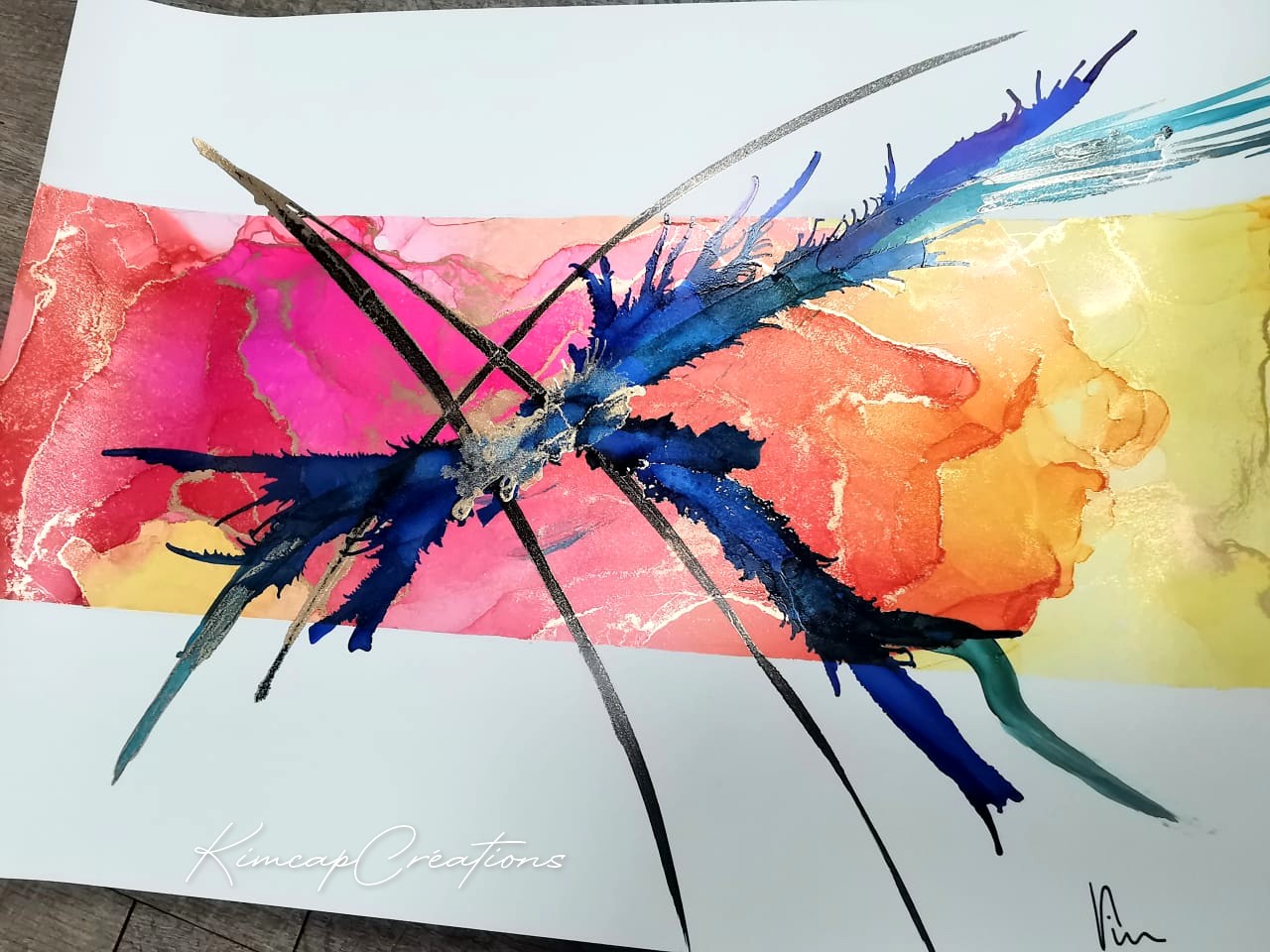 Dessin dart abstrait à lencre avec son cadre moulures dorées, pour décoration étonnante DEY050d_110€