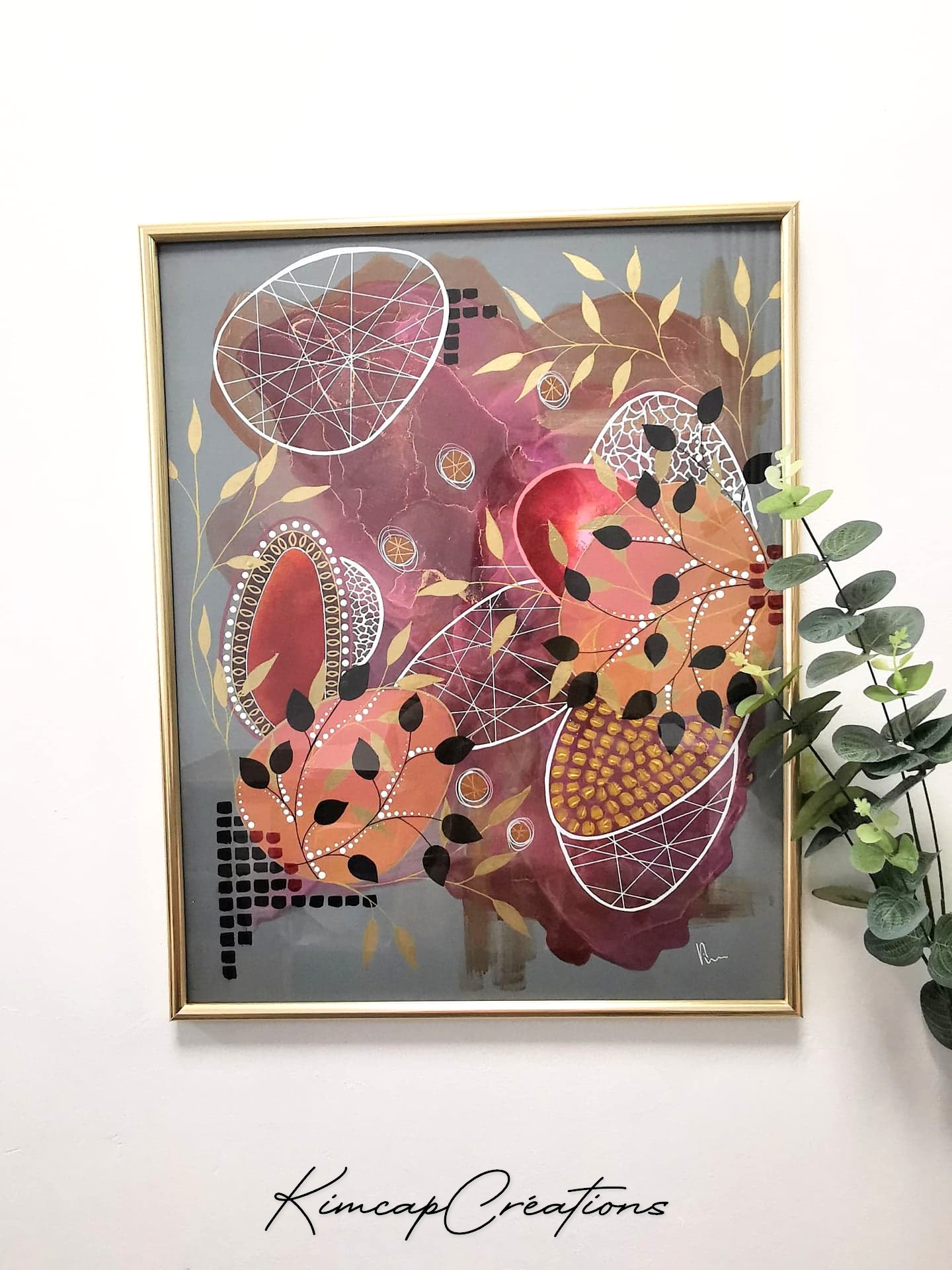 Dessin dart abstrait à lencre et acrylique, floral et organique pour une décoration originale DEY076b_100€