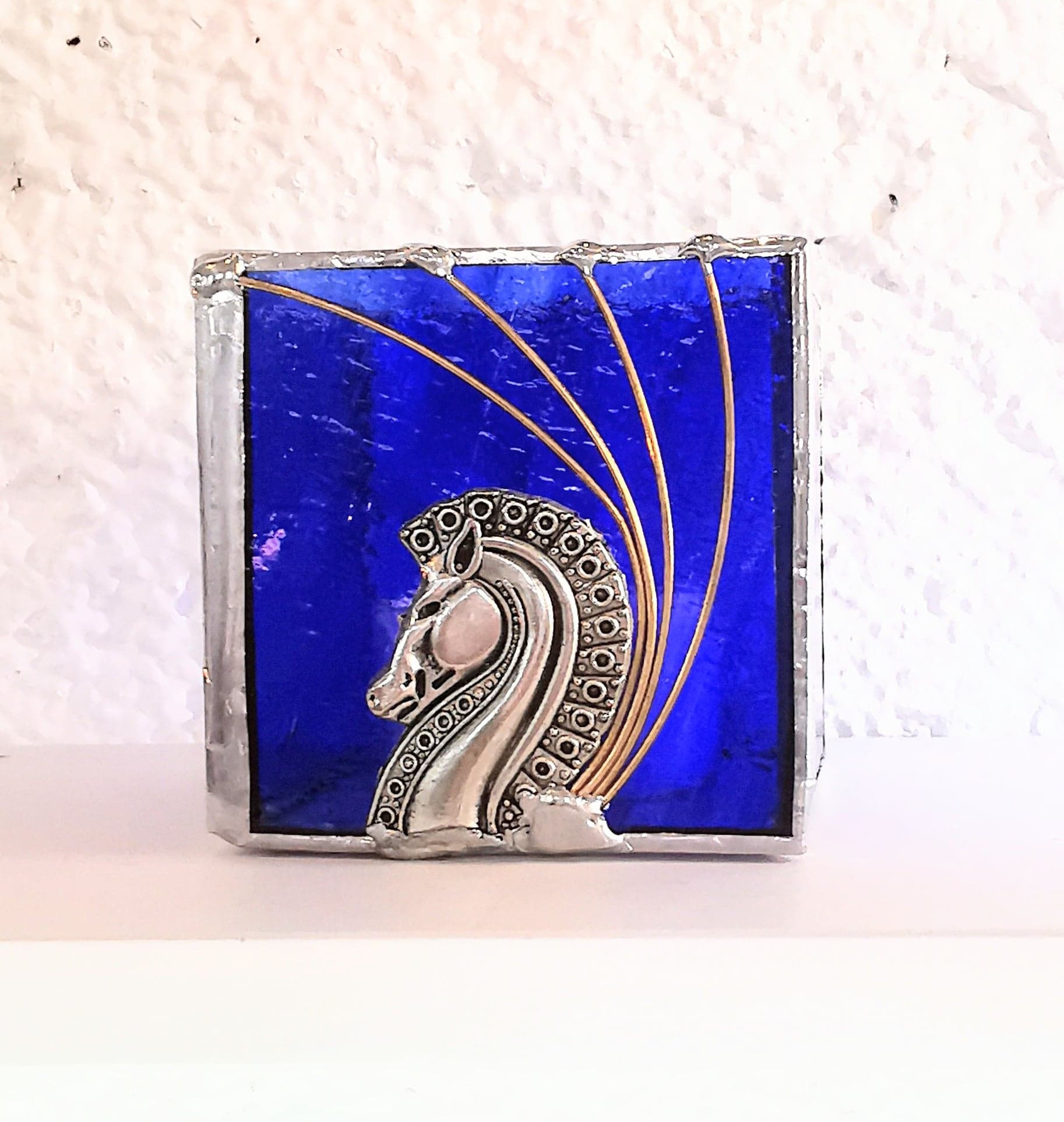 Photophore en verre bleu vitrail et cheval métal FOKC271e_30€