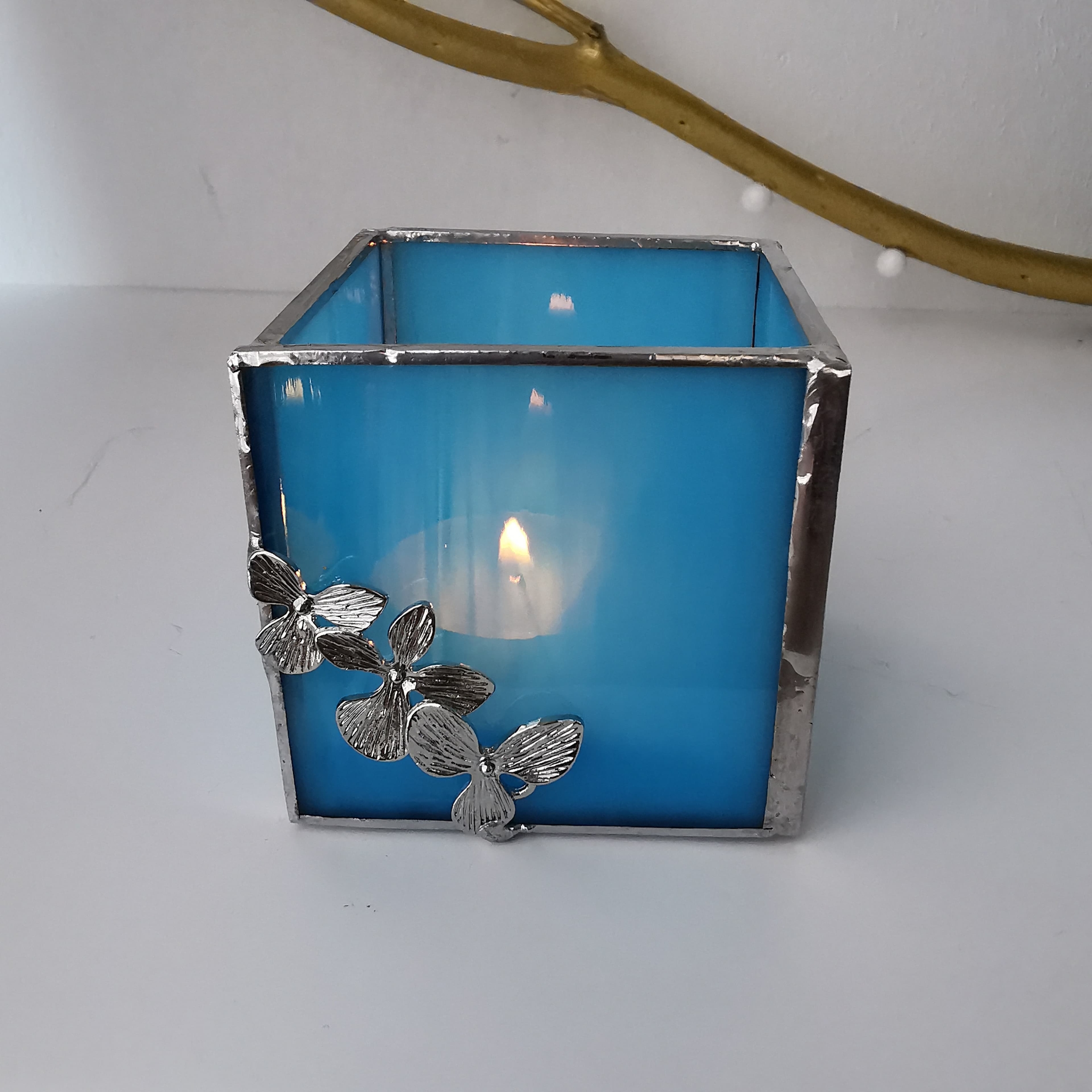 Photophore vitrail bleu fleurs métal FOKC279_30€