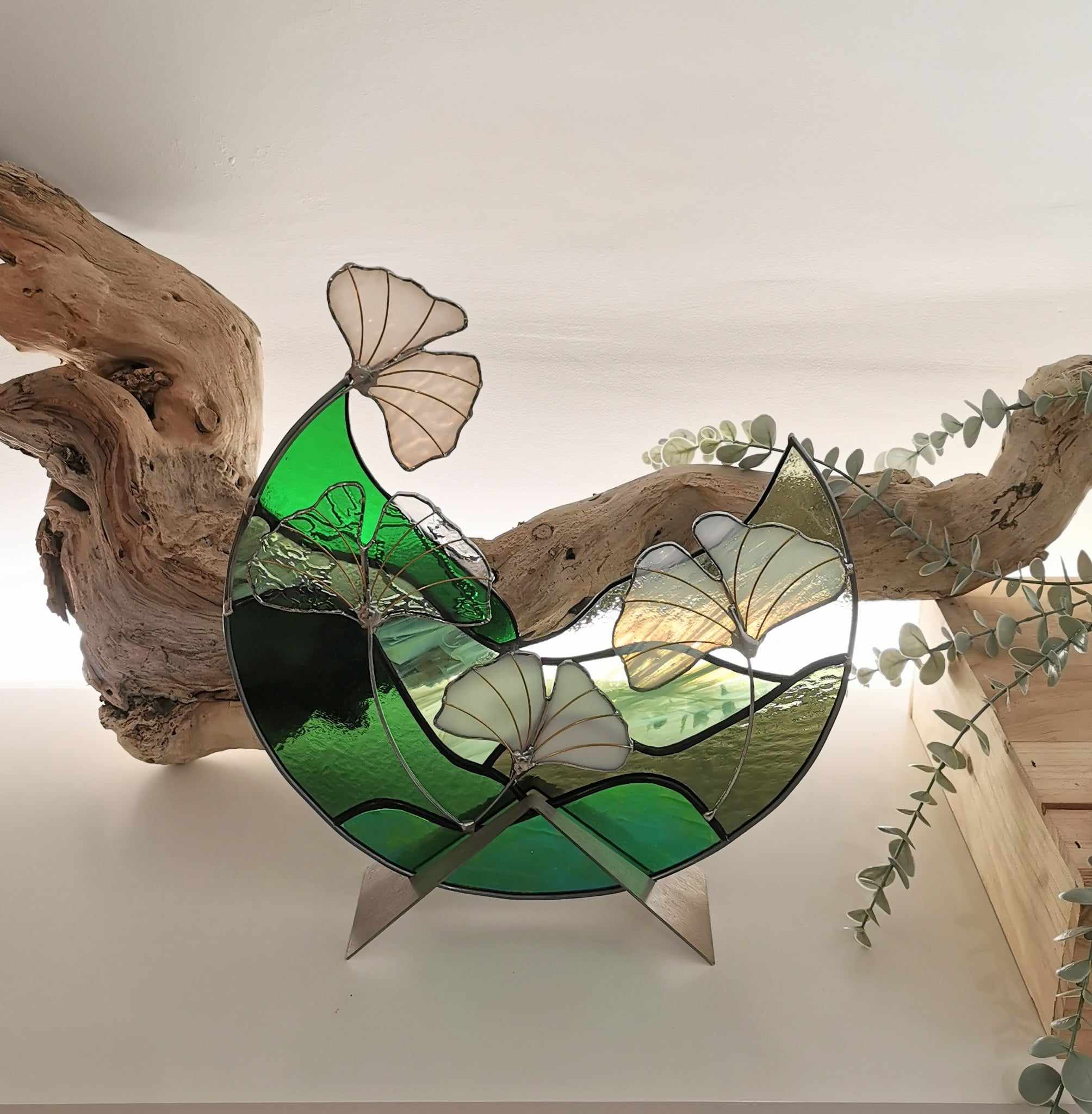 Sculpture vitrail contemporain circulaire feuille de gingko FOKC394b_330€