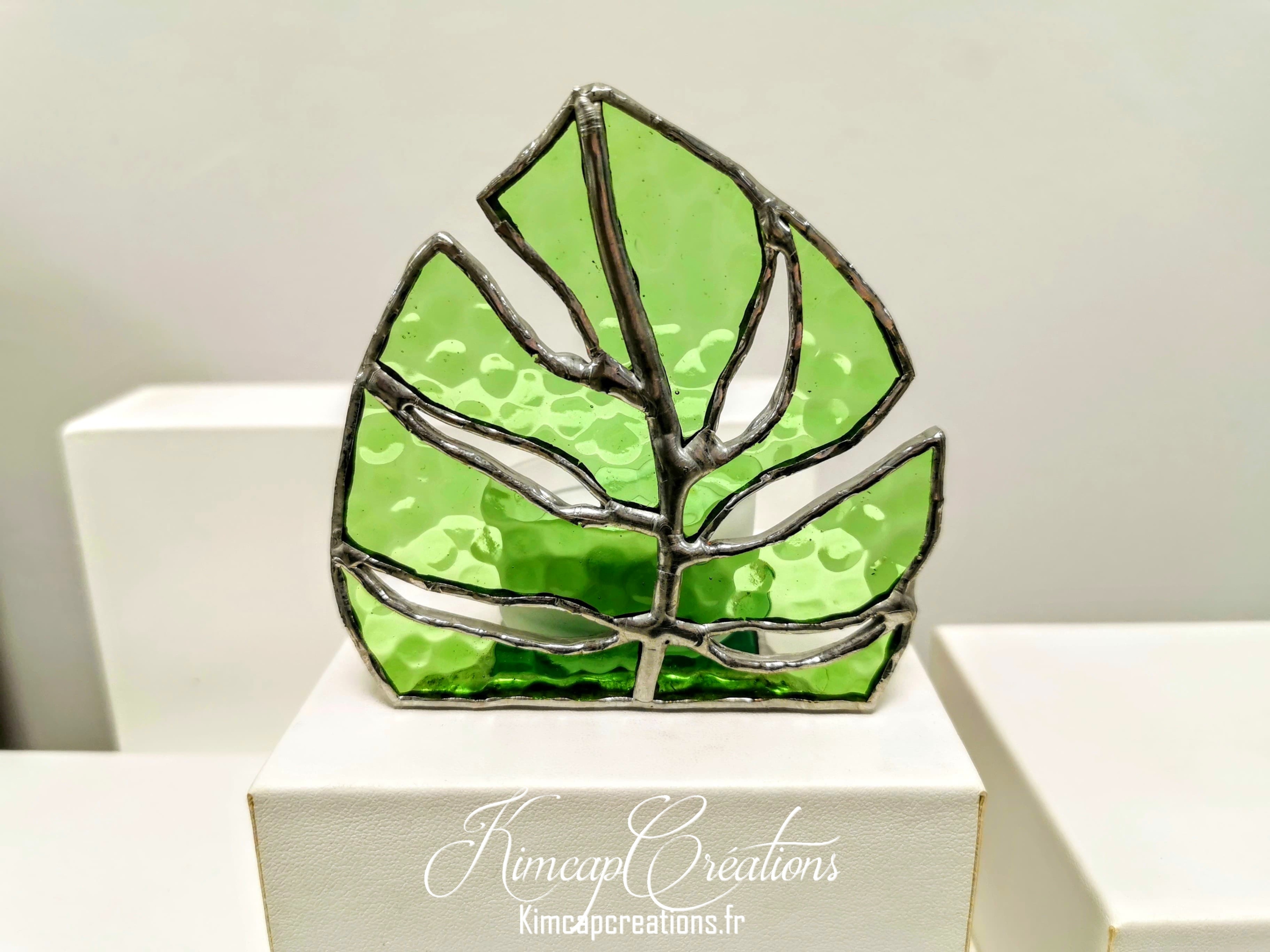 Photophore en verre, vitrail, feuille monstera vert décoration tendance FOKC090_36€