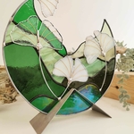 Sculpture vitrail contemporain circulaire feuille de gingko FOKC394g_330€