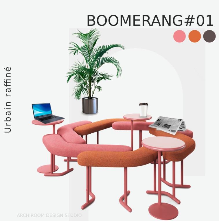 Banc-banquette design borne centrale BOOMERANG#01 pour espace lounge d\'entreprise