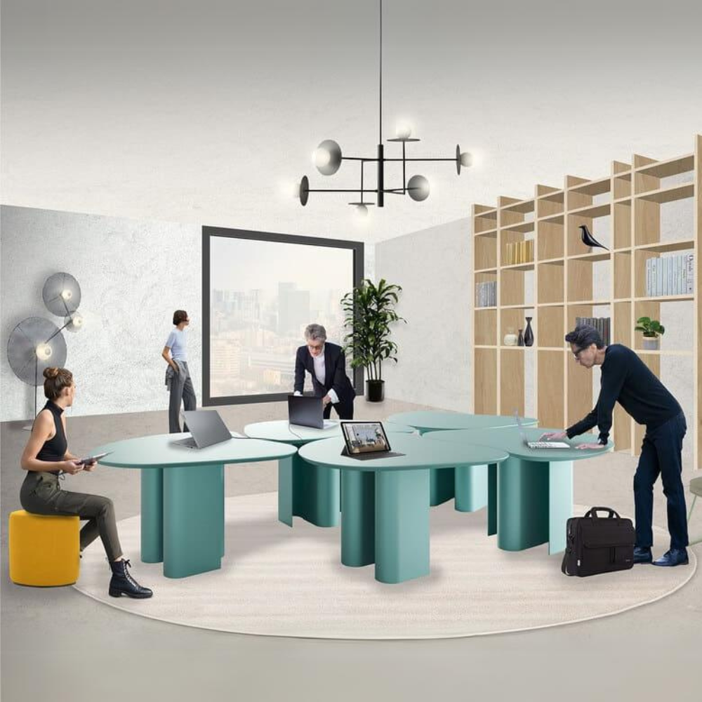 Table de réunion GALAXY arrondie, design modulable, forme organique, métal H38/74cm