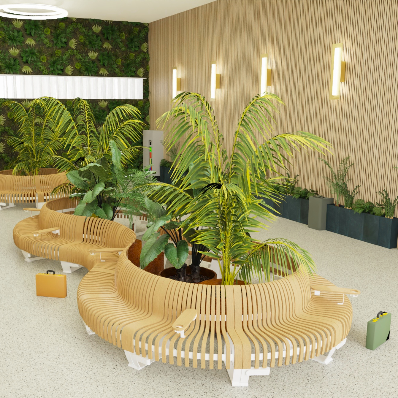 agencement aeroport de montpellier mobilier bois durable biophilique vegetalise arbre palmier