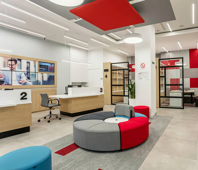 agencement 3d espace accueil mobilier reception client banque assurance