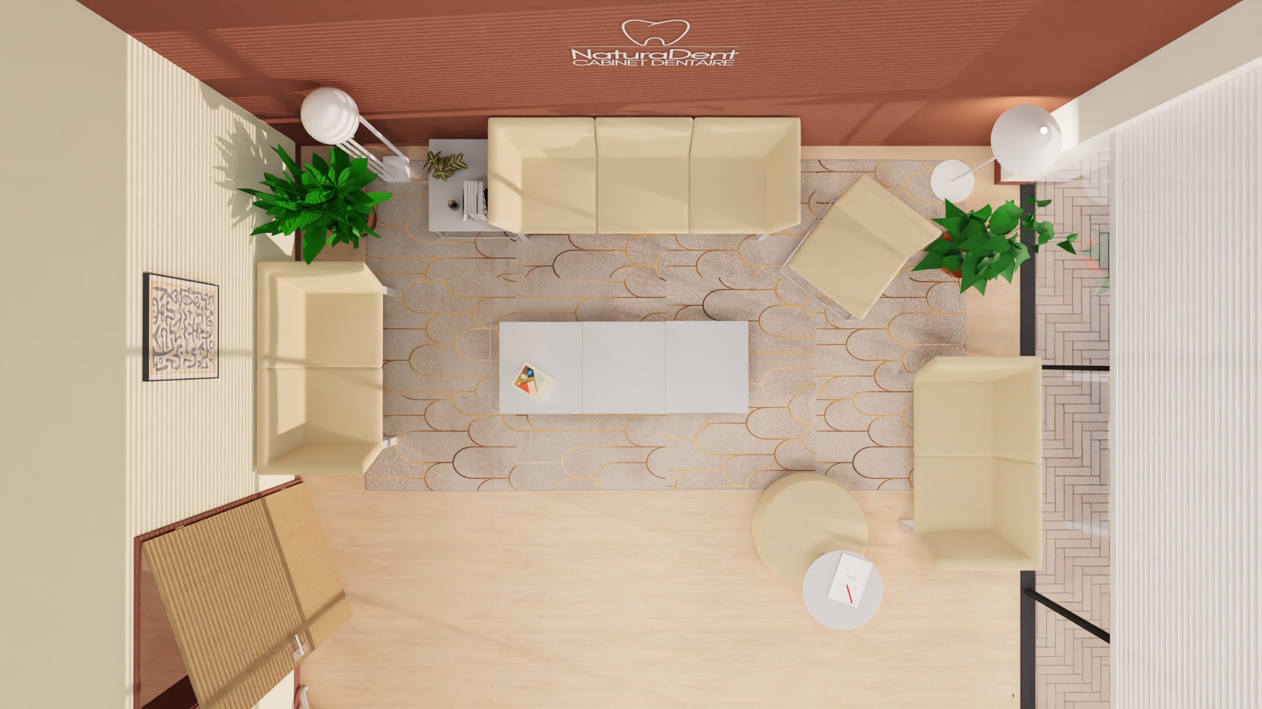 plan agencement 3d salle attente cabinet dentaire