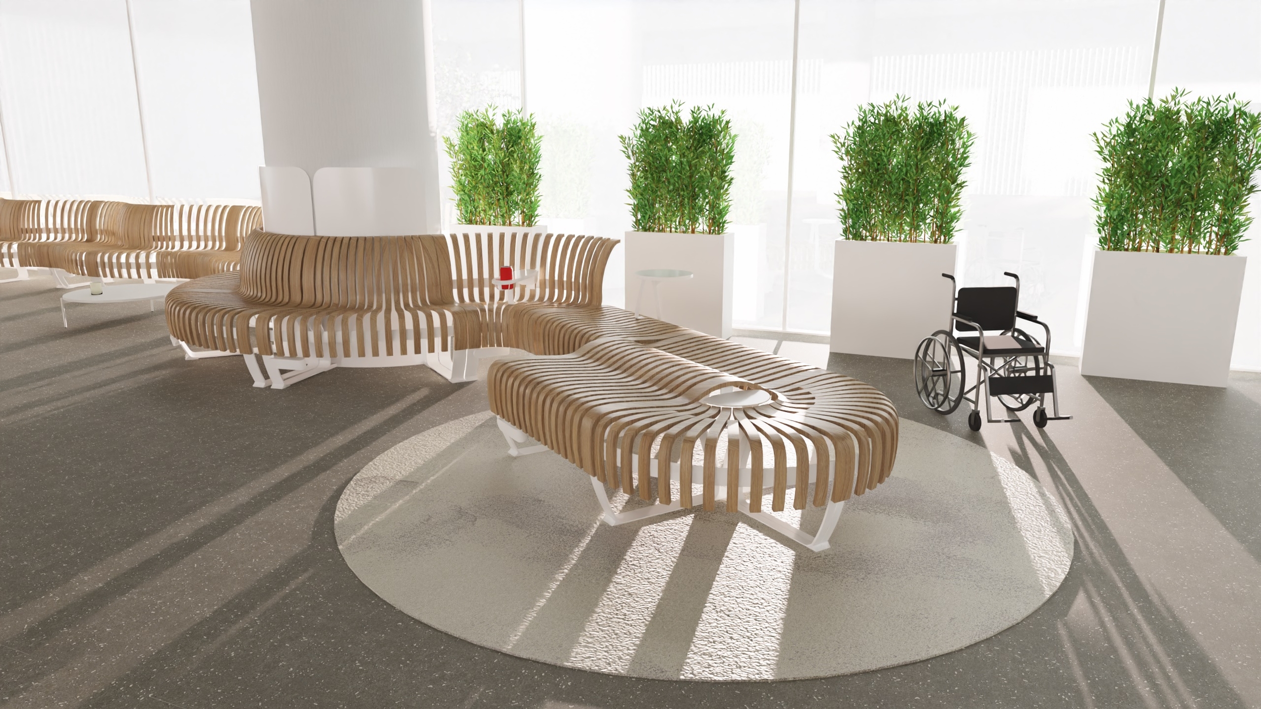 zone d attente mobilier bois durable ergonomique plante jardiniere clinique hopital
