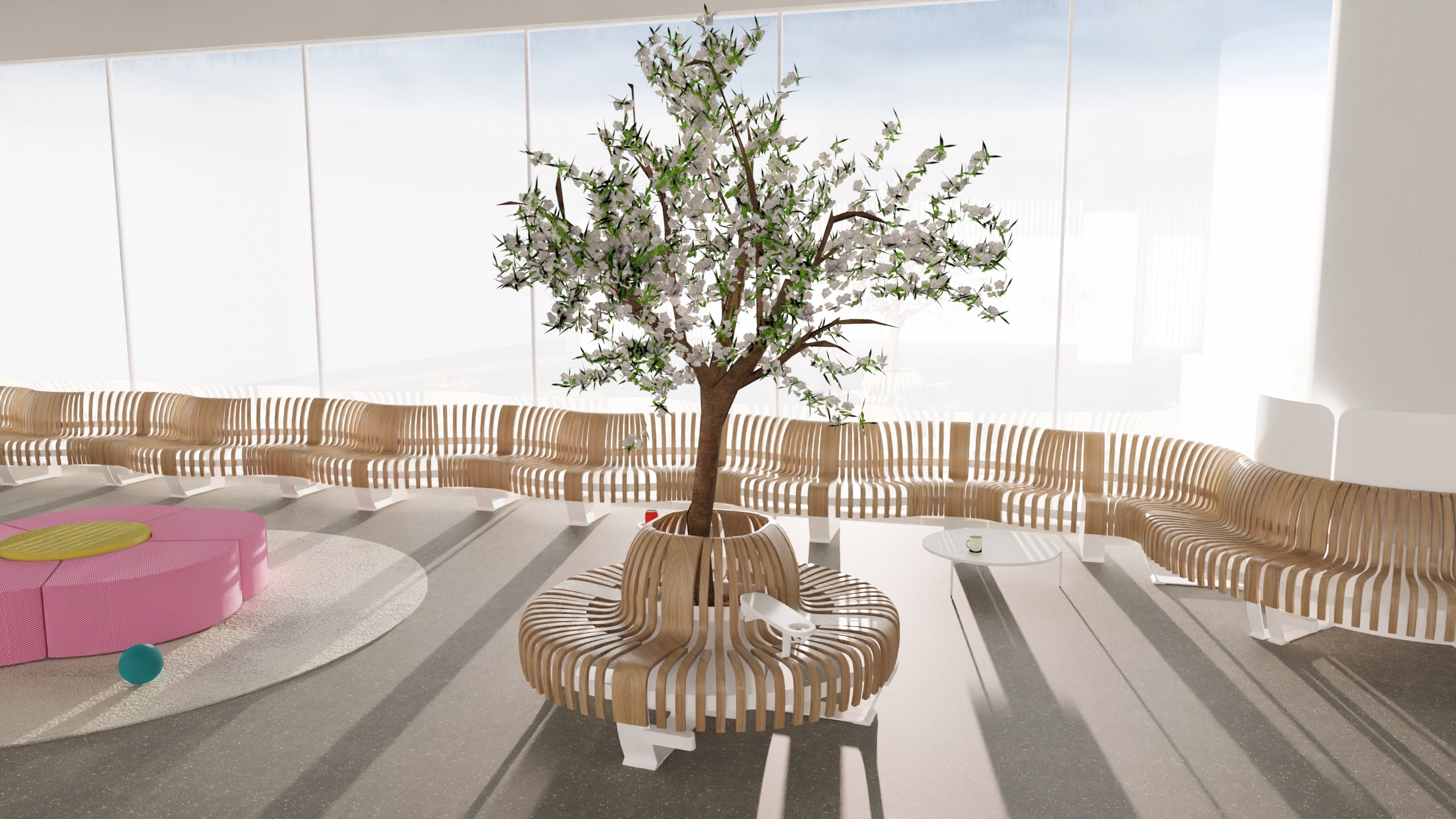 banquette circulaire ronde bois salle attente clinique hopital