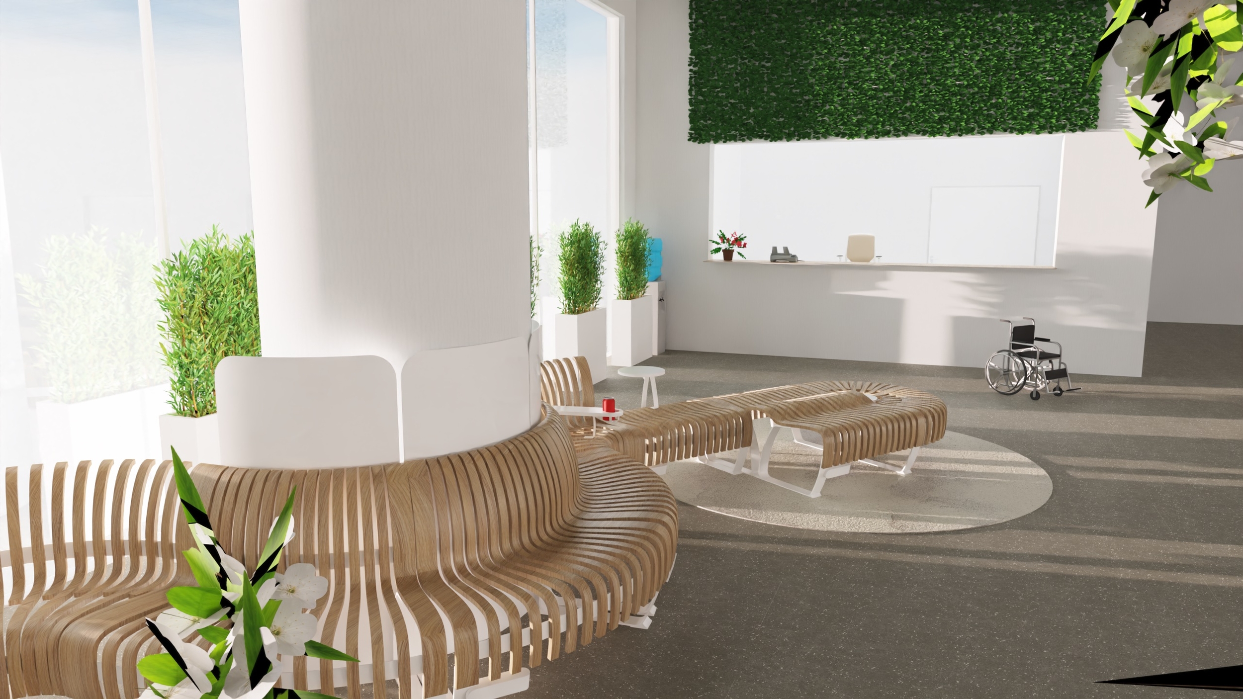 banquette bois durable biophilique greenwood salle attente transit clinique hopital