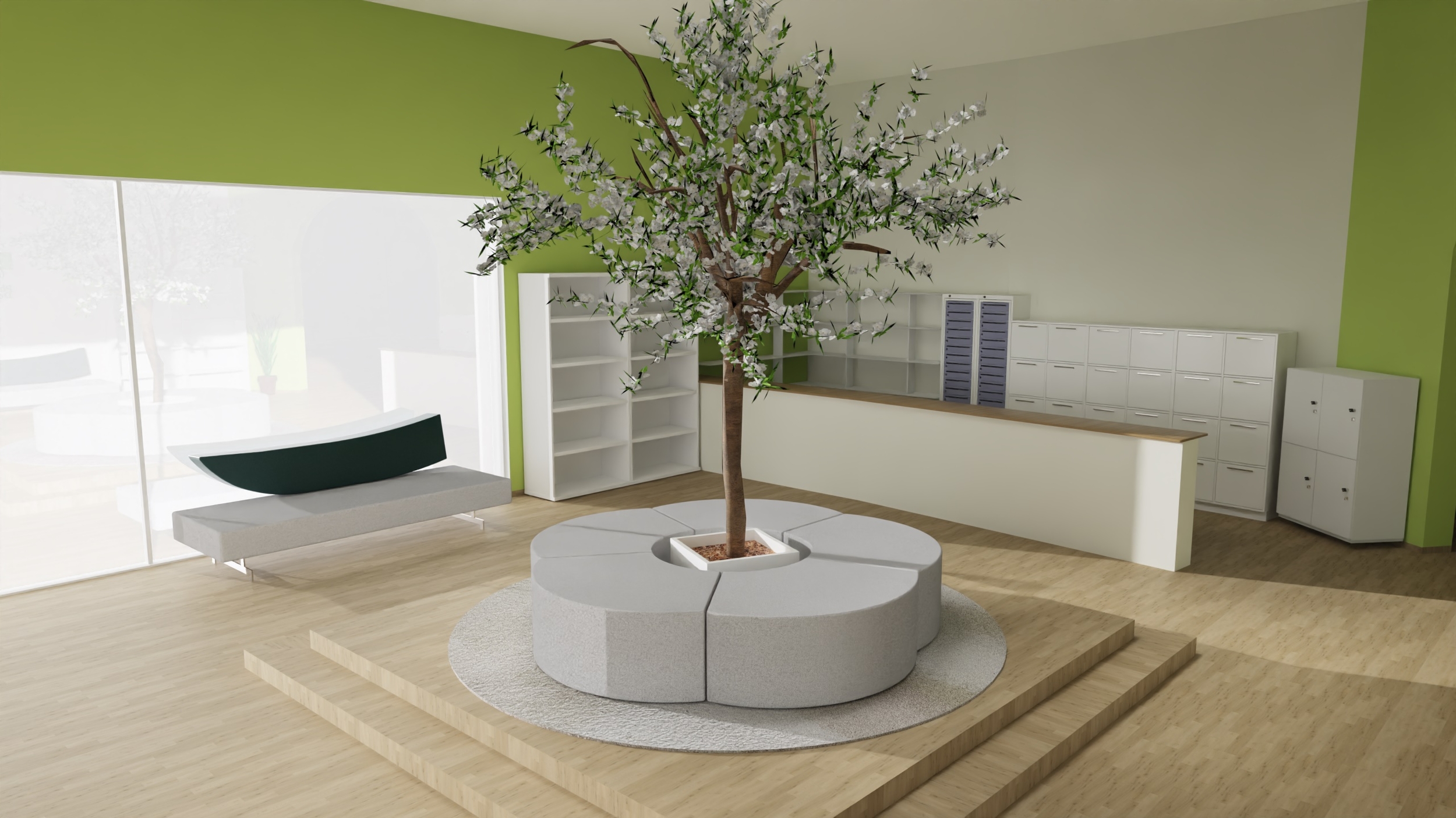 banc circulaire fleur biophilique arbre