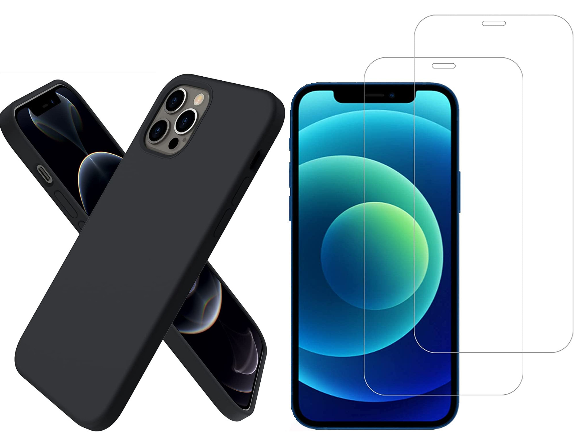 iPhone-12-12pro-black-case-silicone-antichoc-tempered-glass-x2
