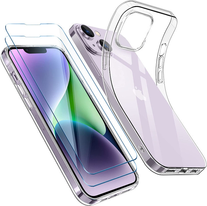 coque-silicone-iphone-14-transparent-2-verres-trempes-littleboutik