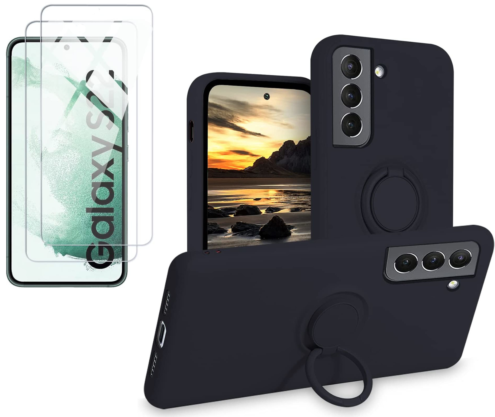 por-samsung-s22-coque-noir-silicone-anneau-verre-trempe-x2