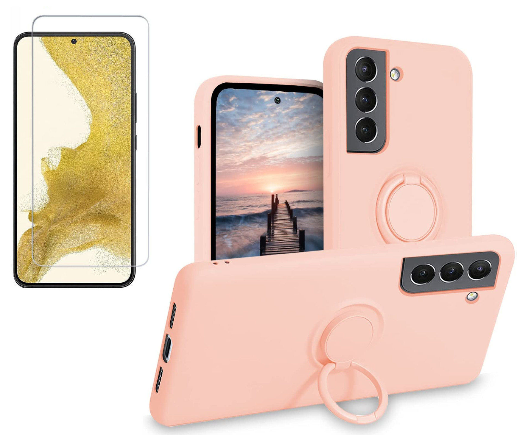 por-samsung-s22-coque-rose-silicone-anneau-protection-ecran