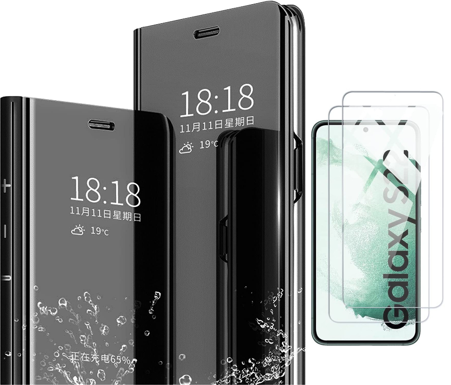 pour-samsung-s22-coque-rabat-mirroir-noir-verre-trempe-x2