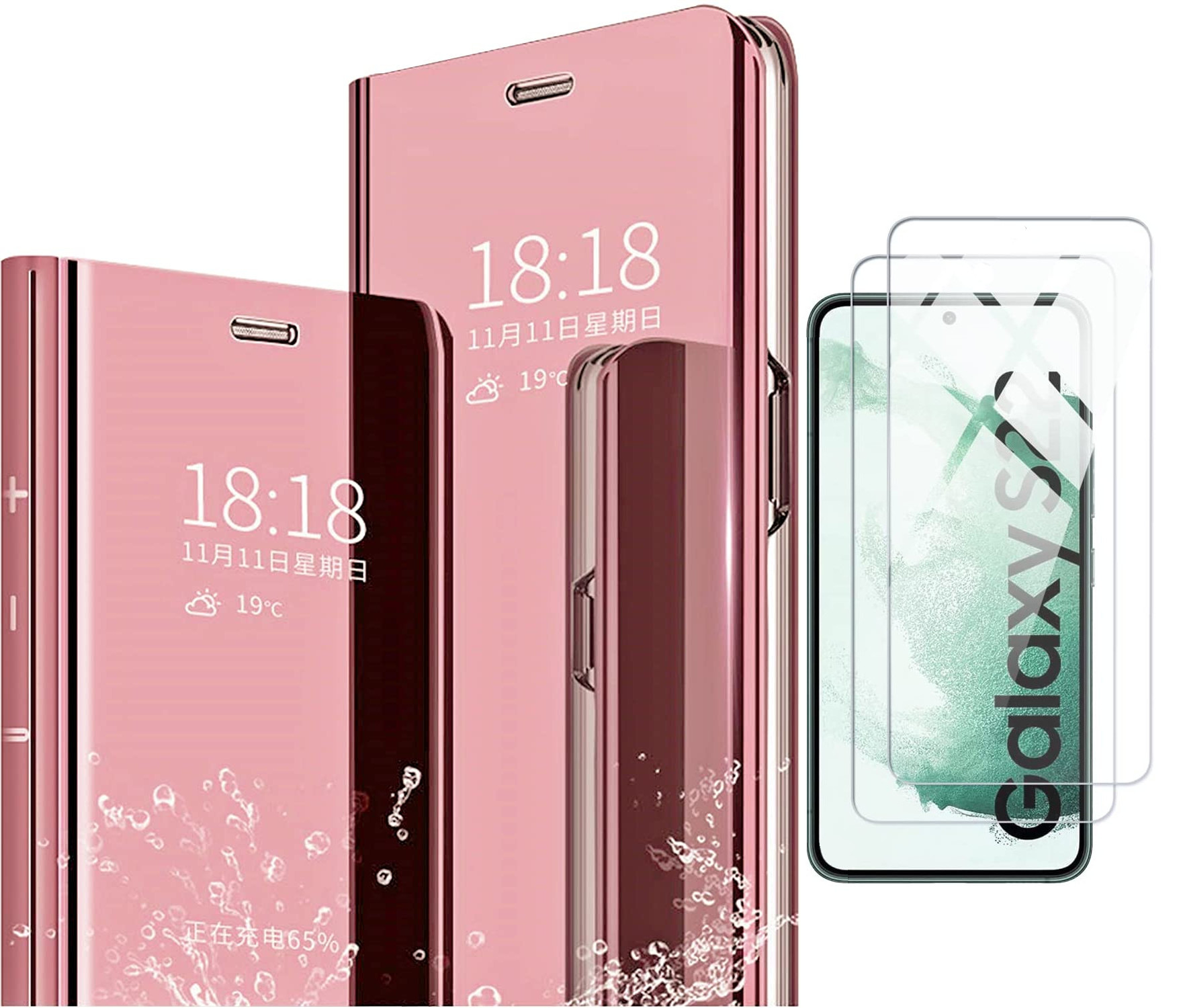 pour-samsung-s22-coque-rabat-mirroir-rose-verre-trempe-x2