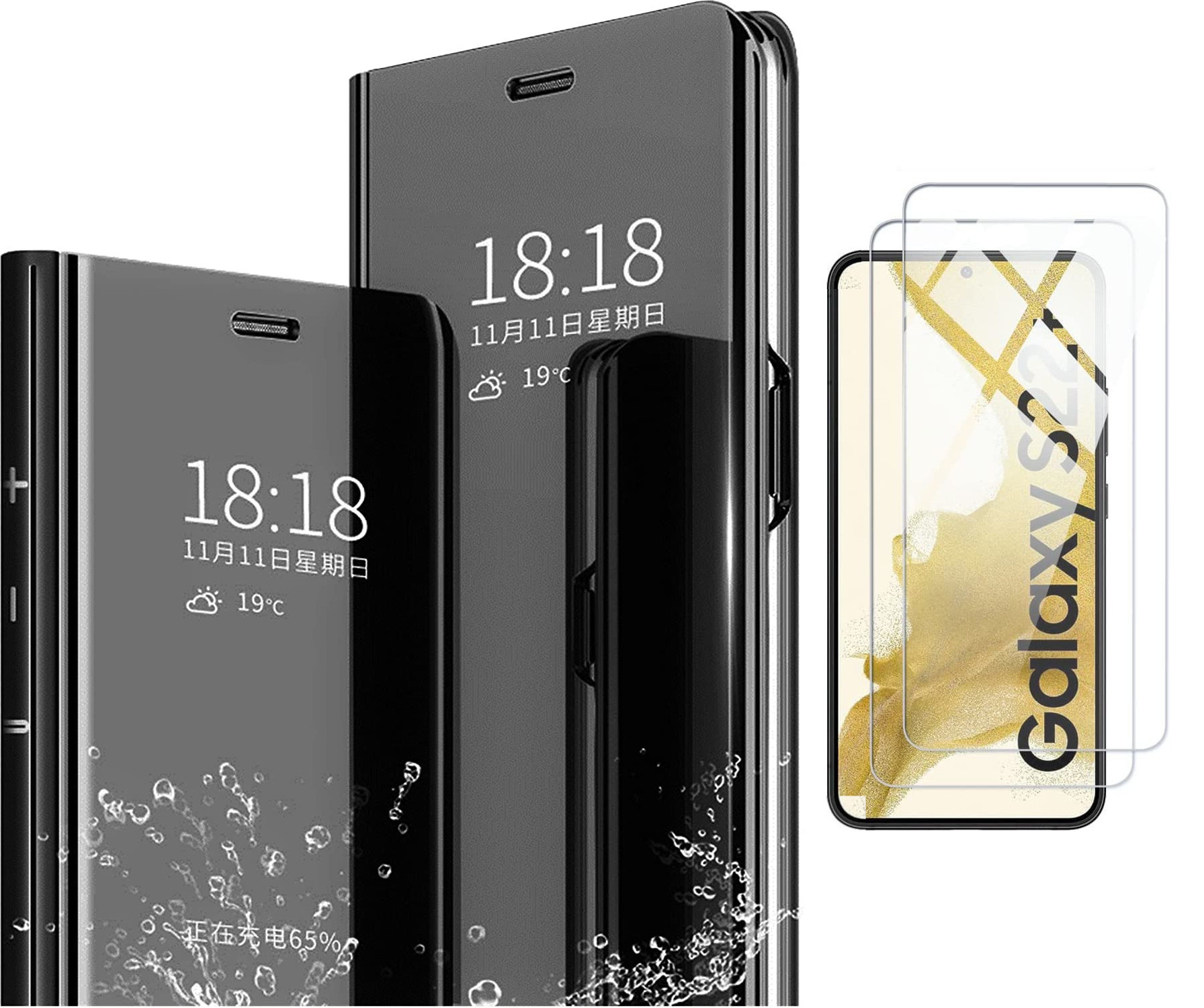 pour-samsung-s22-plus-5g-coque-rabat-mirroir-noir-vitre-protection-x2