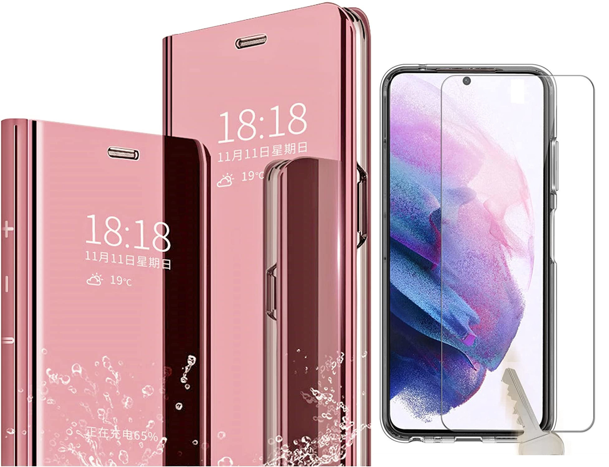 pour-samsung-s22-plus-5g-coque-rabat-mirroir-rose-protection-ecran