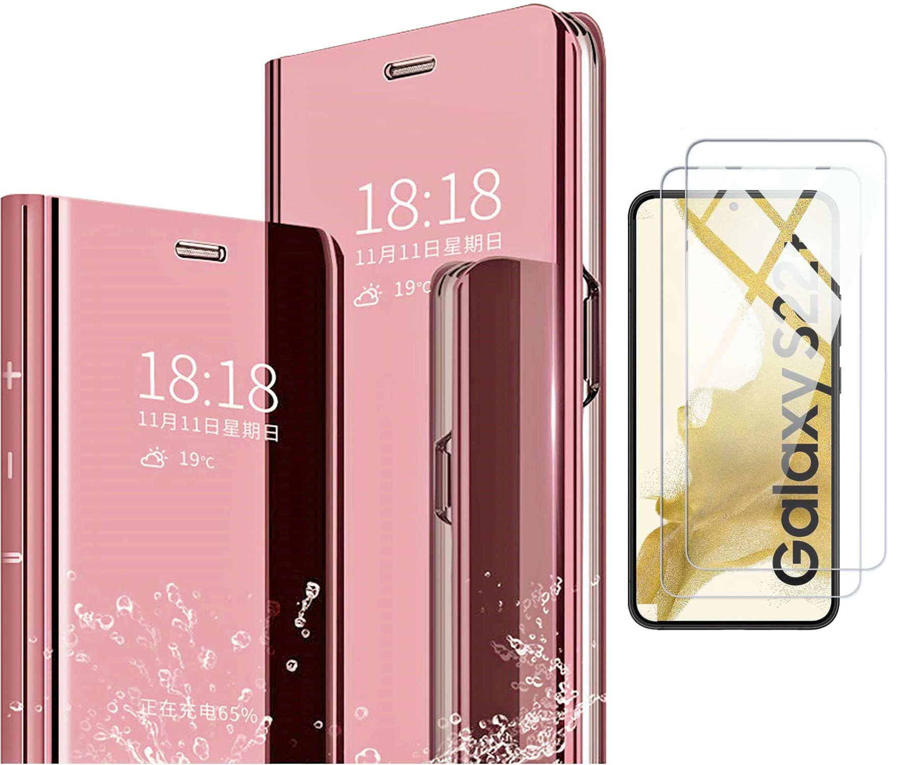 pour-samsung-s22-plus-5g-coque-rabat-mirroir-rose-vitre-protection-x2
