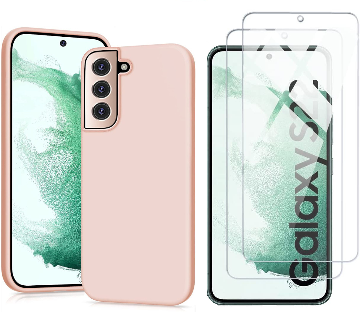 coque-rose-s22-silicone-2-verres-trempe