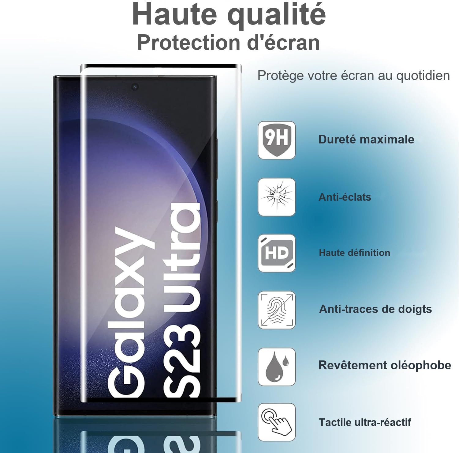 Verre trempé Samsung Galaxy S23 Ultra : dureté 9H, anti-éclats, haute définition