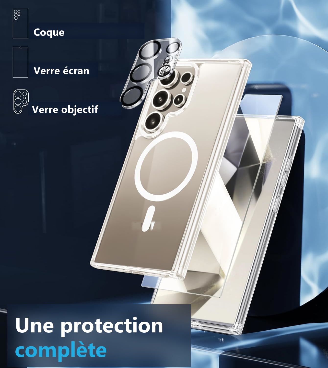 Coque transparente, verre écran et verre objectif pour Galaxy S25 Ultra