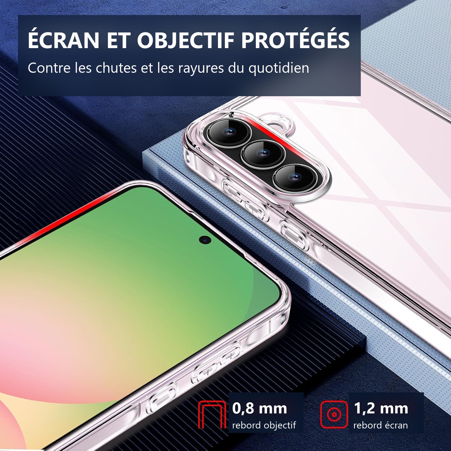 Écran et objectif protégés, rebords de 0,8 et 1,2 mm