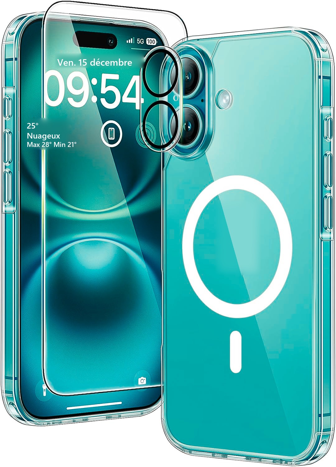 Coque transparente MagSafe, verre trempé et protection dobjectif pour iPhone 16 Plus