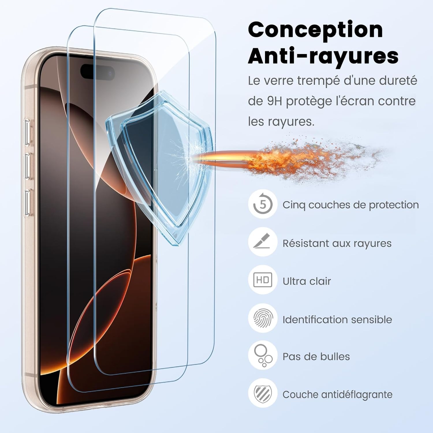 Verre trempé 9H anti-rayures pour iPhone 16 Pro