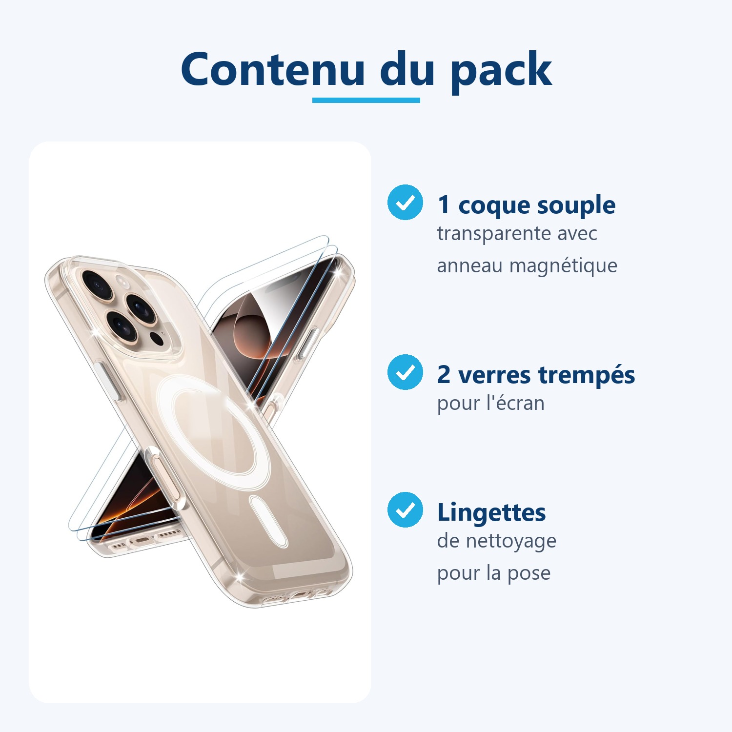 Contenu du pack : coque souple, 2 verres trempés, lingettes