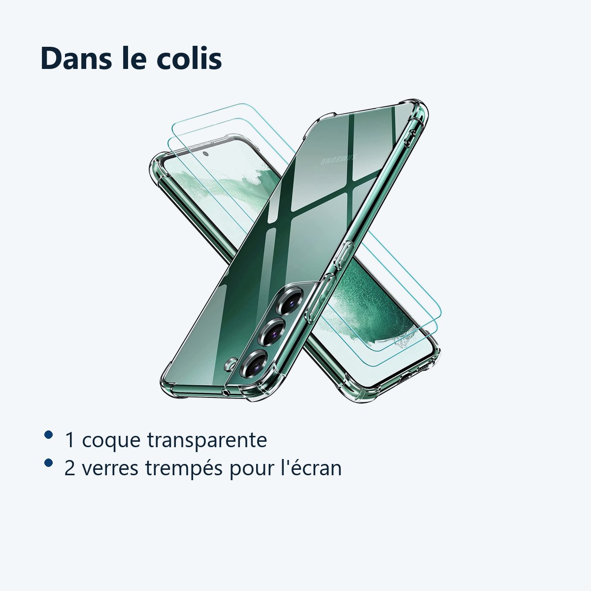 Contenu du colis – Coque Silicone Transparente Angles Renforces + 2 Verres Trempes Pour Samsung Galaxy S22 5G