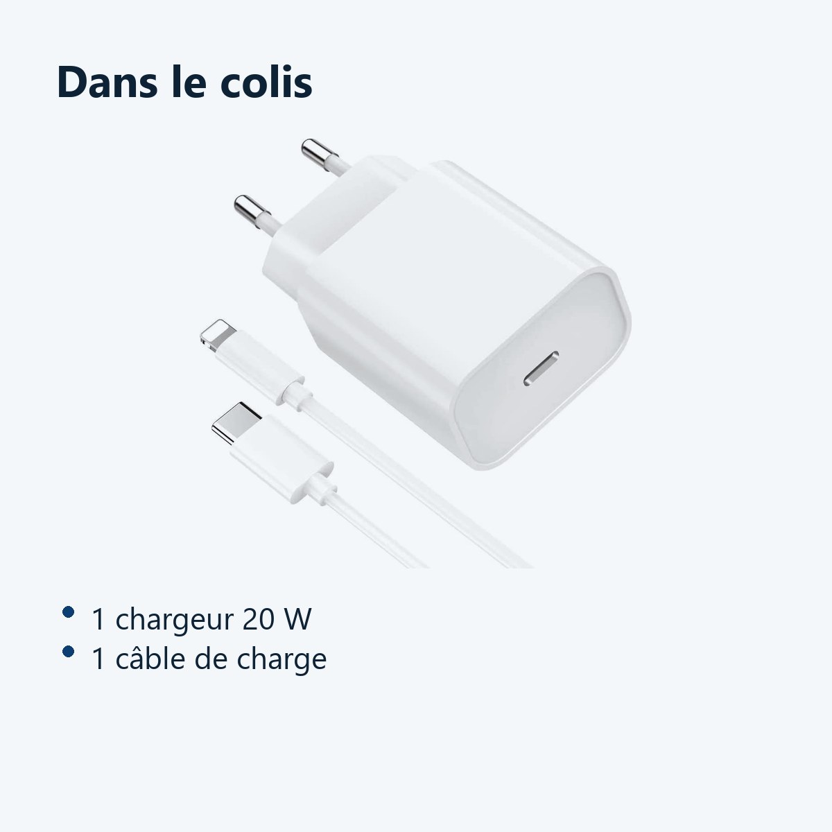 Contenu du colis – Chargeur Rapide 20W + Cable USB-C Lightning pour iPhone 13 / 12 / 11 / PRO / MAX / MINI