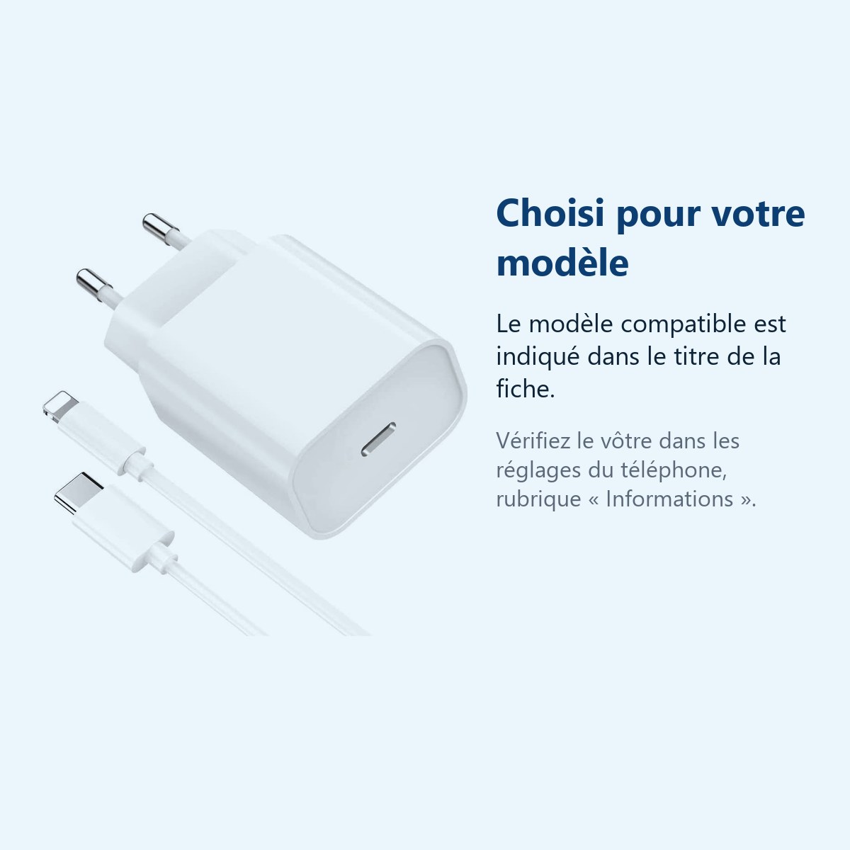 Accessoire ajusté au modèle exact – Chargeur Rapide 20W + Cable USB-C Lightning pour iPhone 13 / 12 / 11 / PRO / MAX / MINI