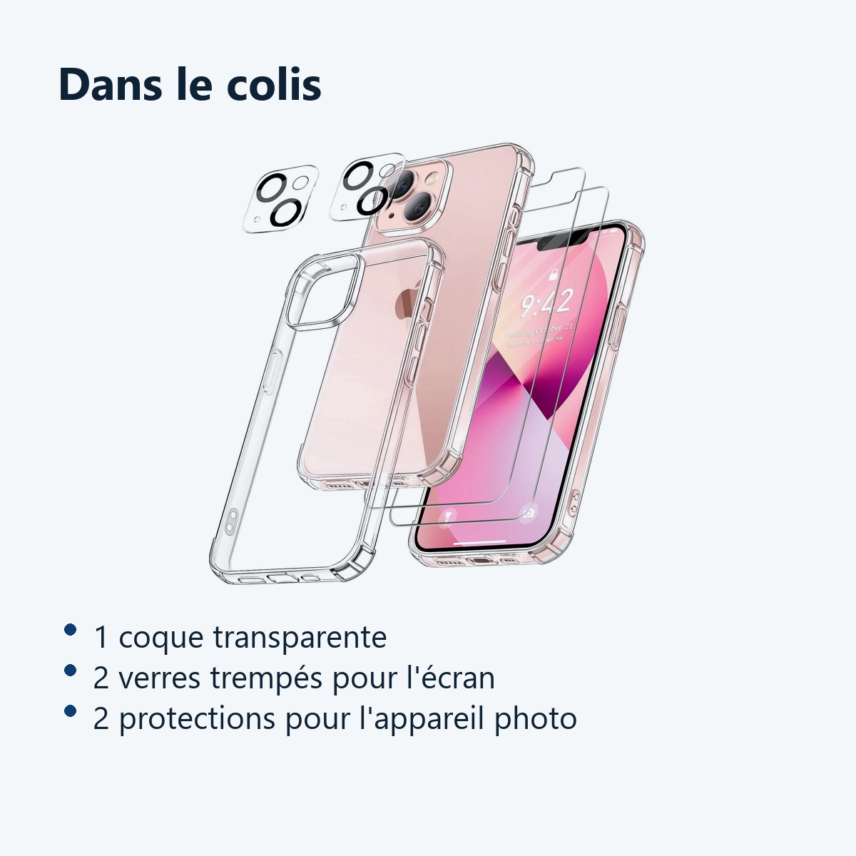 Contenu du colis – Coque Silicone Transparente Angles Renforces + Verres Trempes et Protections Camera Arriere X2 Pour iPhone