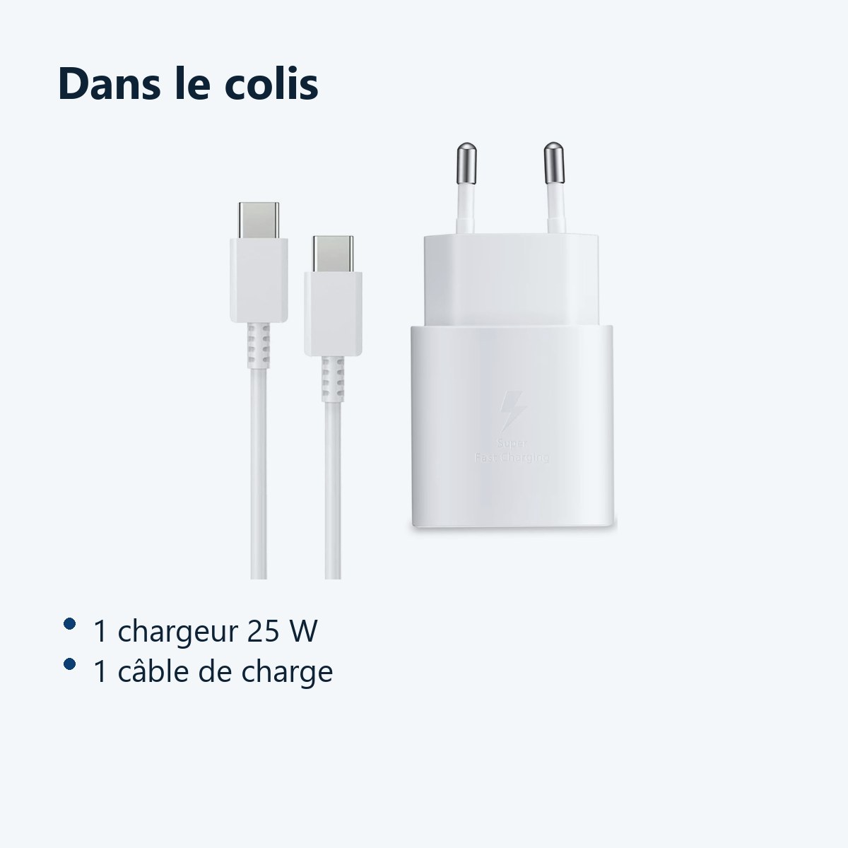 Contenu du colis – Chargeur Blanc Rapide 25W + Cable USB C pour Samsung S25 / S25 Plus / S25 Ultra / S24 FE / Z Flip 6 / A16