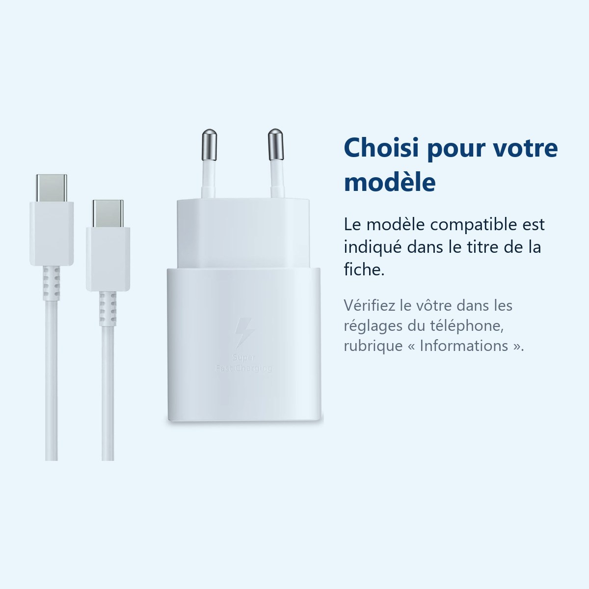 Accessoire ajusté au modèle exact – Chargeur Blanc Rapide 25W + Cable USB C pour Samsung S25 / S25 Plus / S25 Ultra / S24 FE