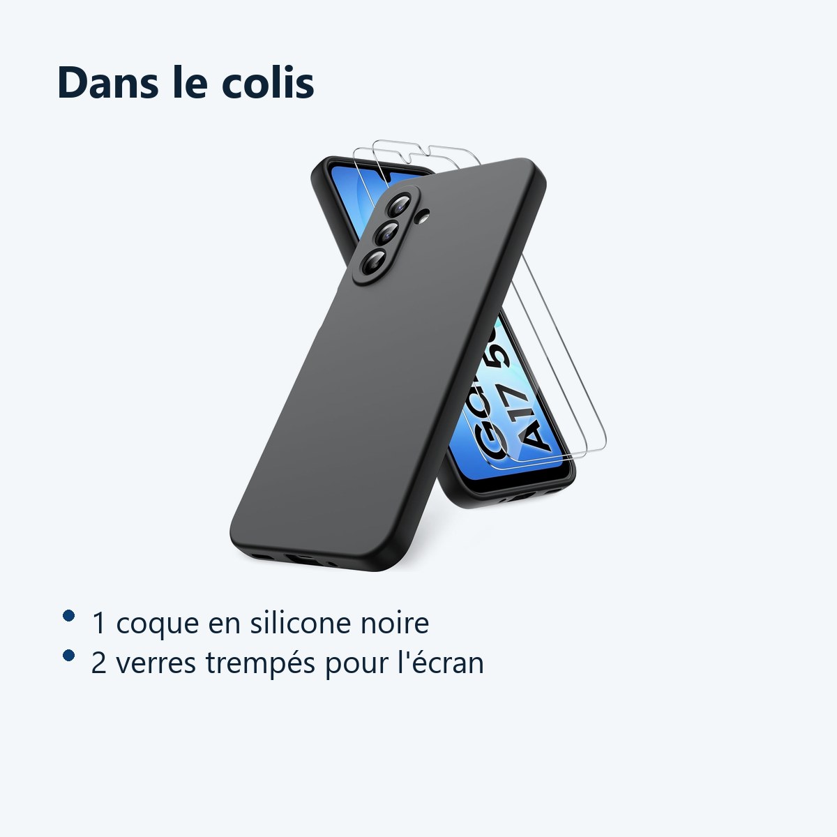 Contenu du colis – Coque Pour Samsung Galaxy A17 Silicone Noir + 2 Verres Trempes