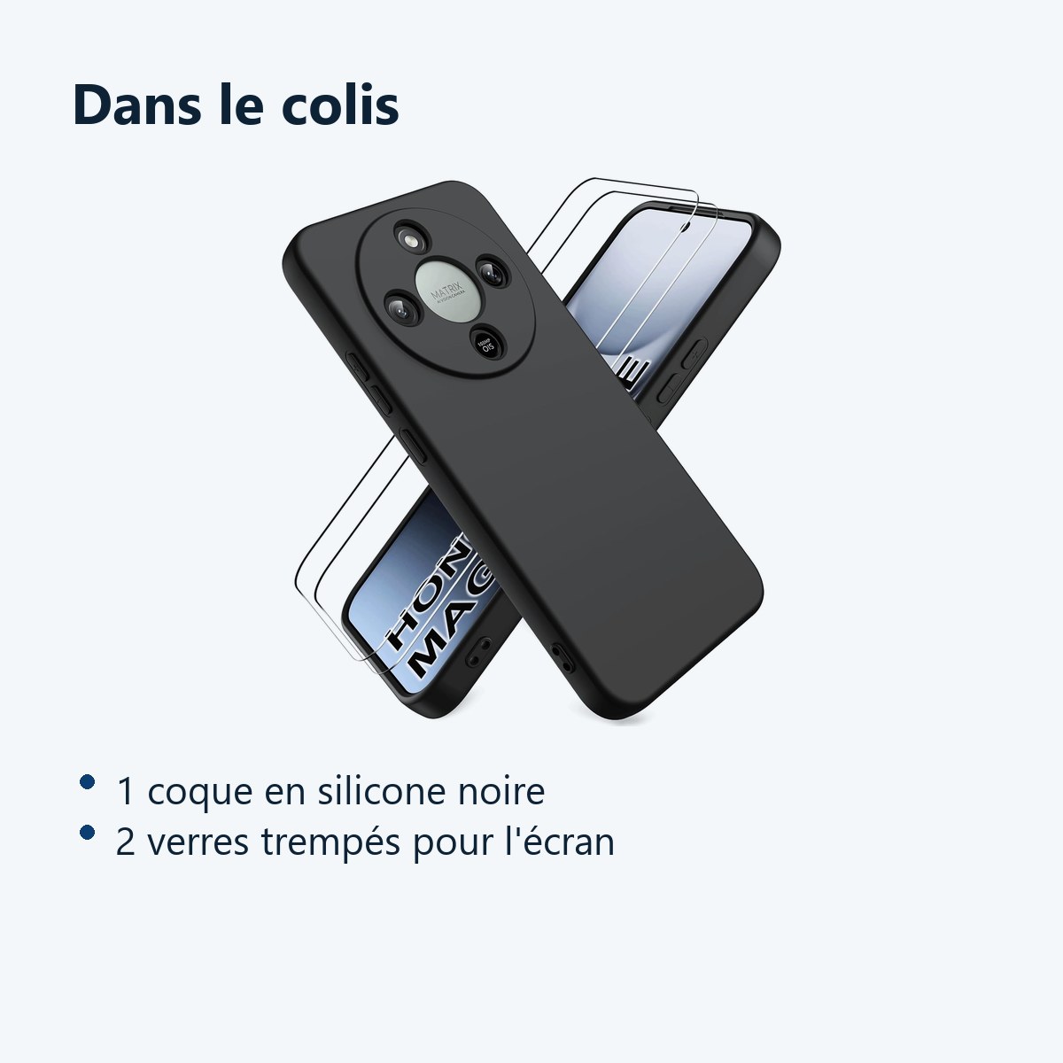 Contenu du colis – Coque Pour Honor Magic 8 Lite Silicone Noir + 2 Verres Trempes