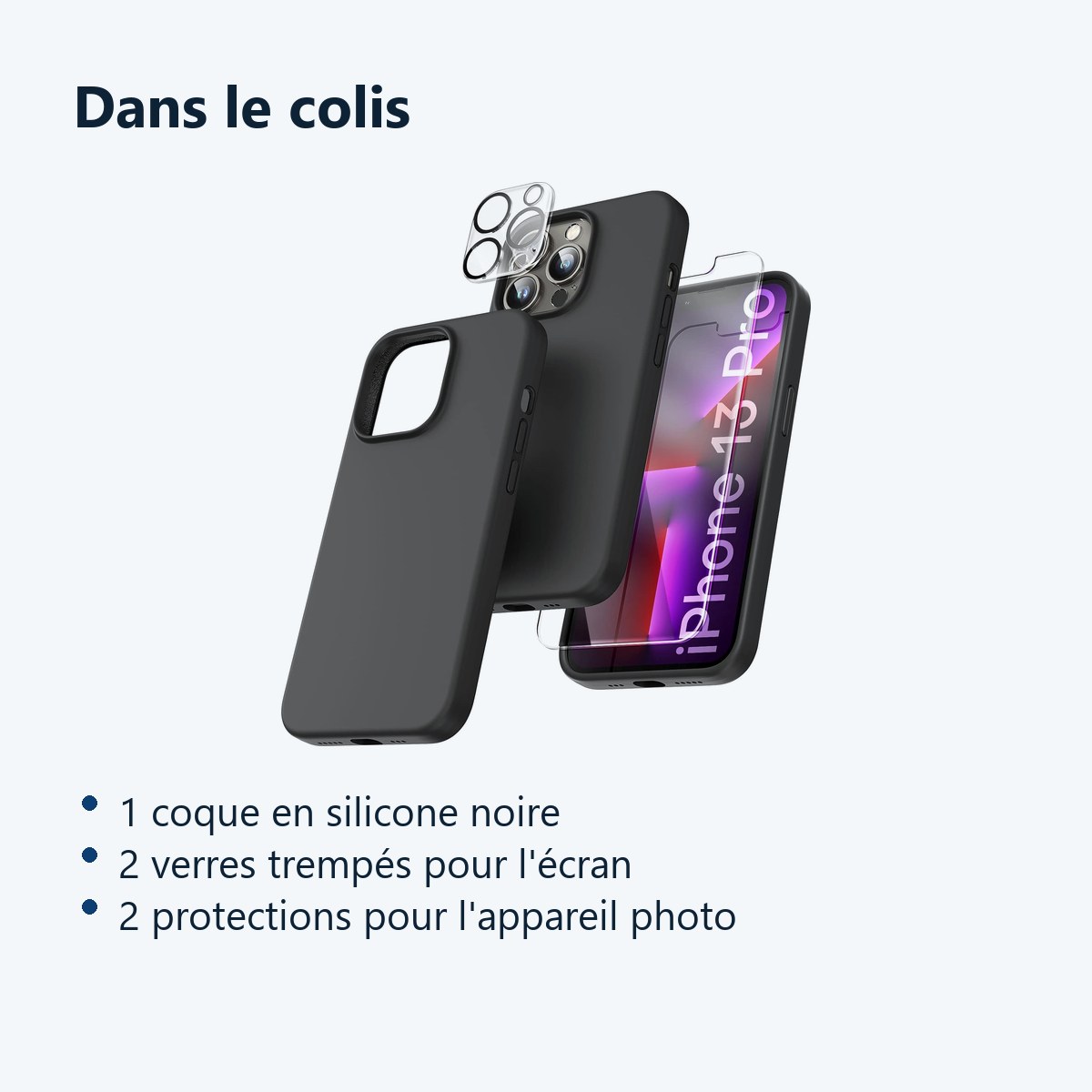 Contenu du colis – Coque Silicone Noir + Verres Trempes et Protections Camera Arriere X2 Pour iPhone 13 Pro
