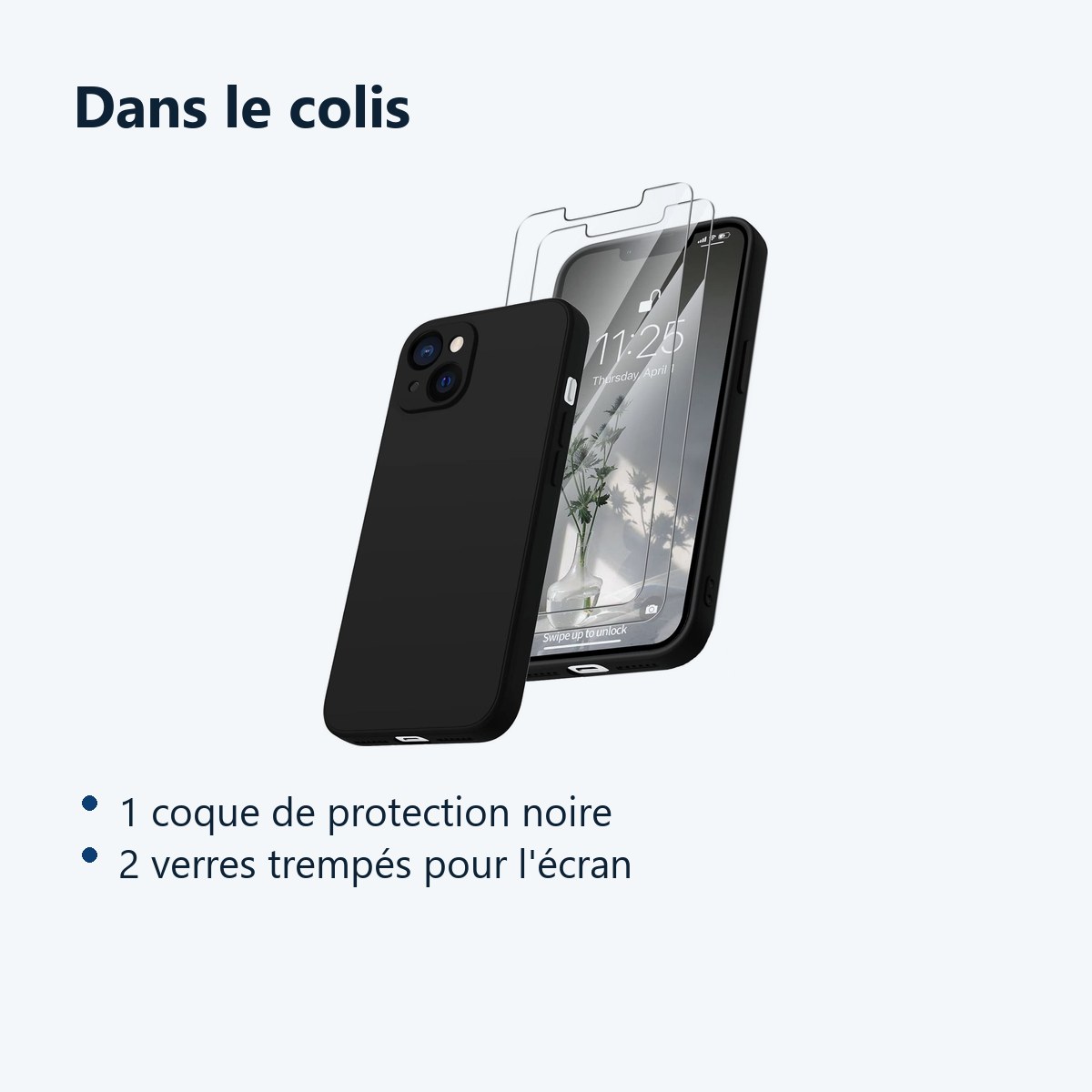 Contenu du colis – Coque Noir pour iPhone 13 (6,1 pouces) et 2 Verres Trempé Film Protection Ecran