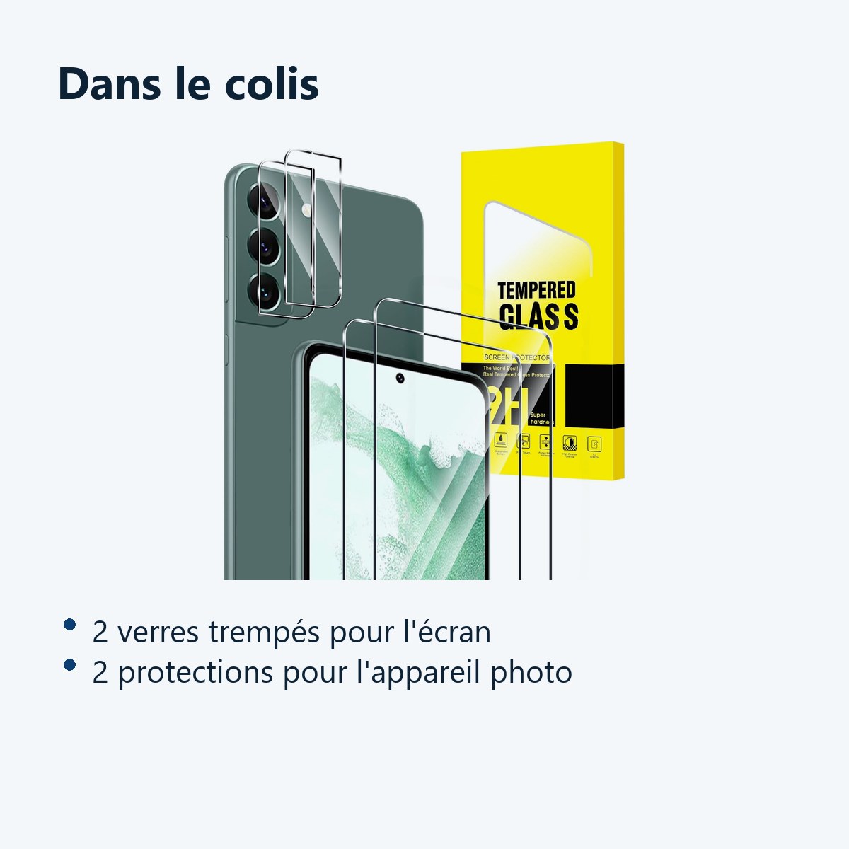 Contenu du colis – Verres Trempes et Protections Camera Arriere Transparent X2 Pour Samsung Galaxy S22