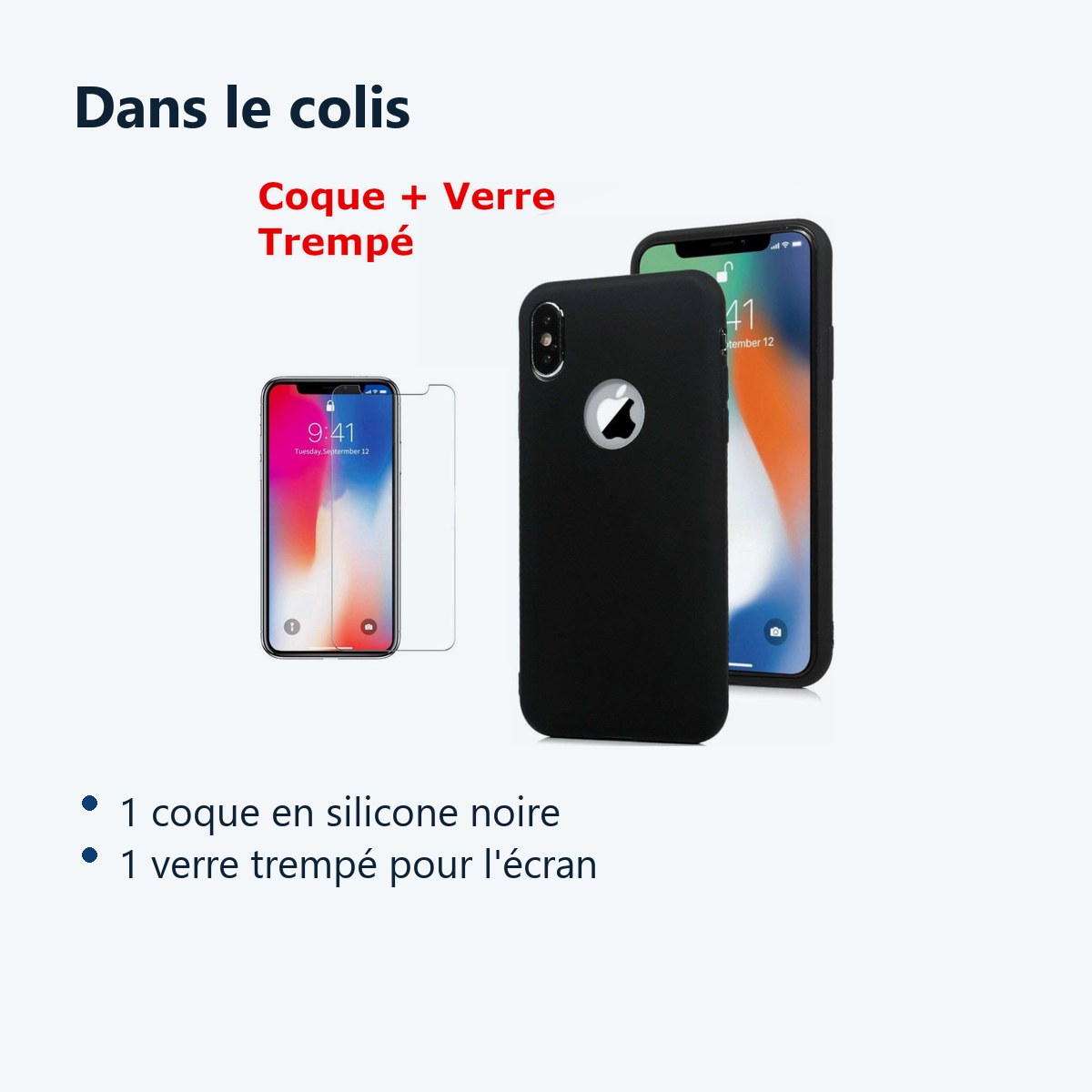 Contenu du colis – Coque Souple Silicone Pour iPhone X (10) / Xs (10s) Noir + Verre Trempé Anti chocs et Rayures Vitre de Pro