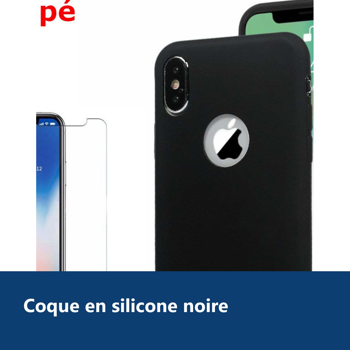 Vue de détail – Coque Souple Silicone Pour iPhone X (10) / Xs (10s) Noir + Verre Trempé Anti chocs et Rayures Vitre de Protec